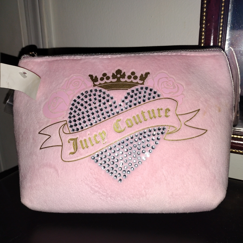 Juicy Couture Pink Plush Cosmetic Pouch with Studded Heart Logo